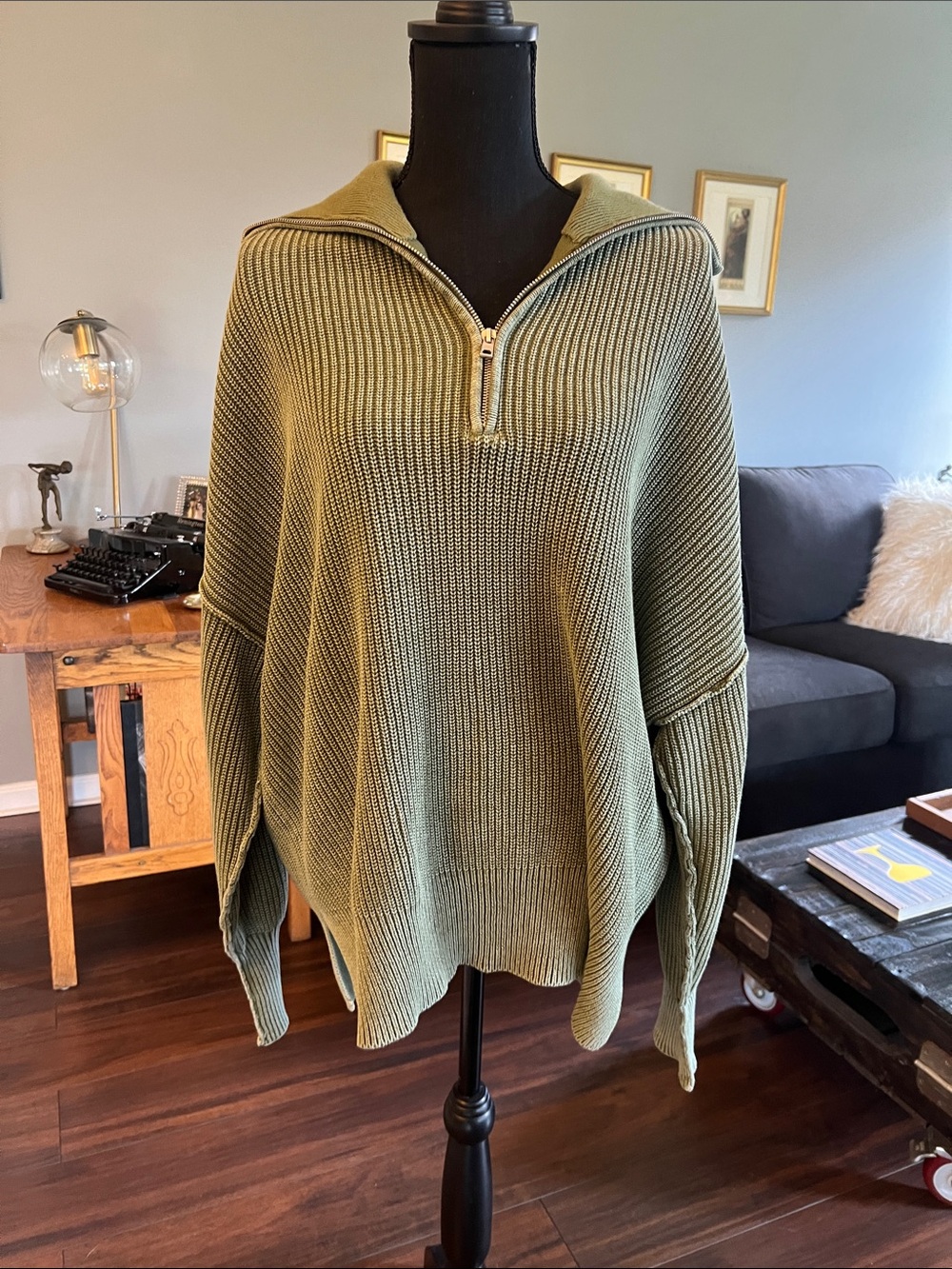 Aerie cotton chunky oversized olive cable knit zip neck sweater NWOT, size S